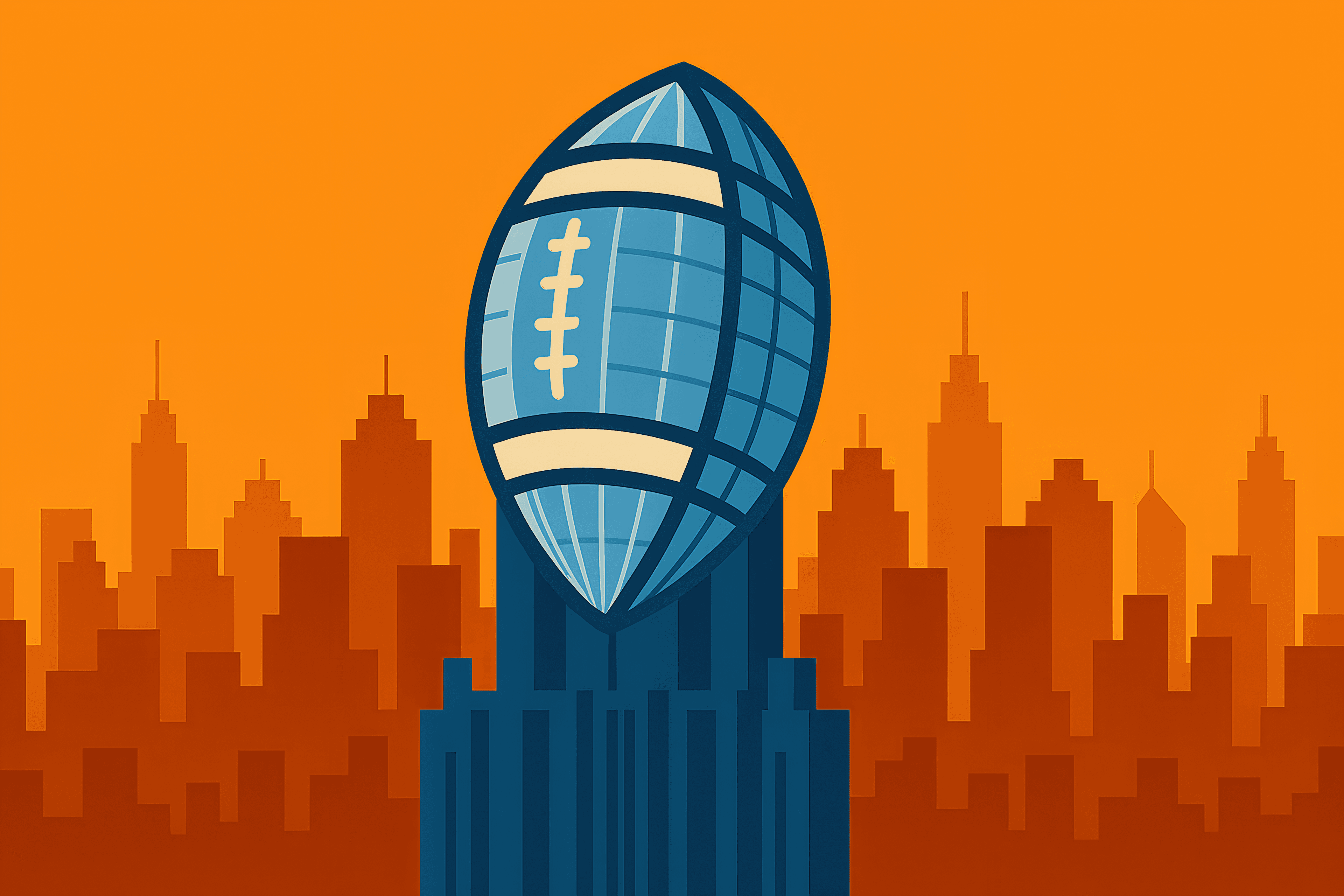 Golden fantasy football trophy on a stadium field